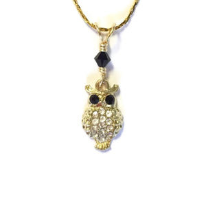 Little Gold Owl Necklace with Rhinestones